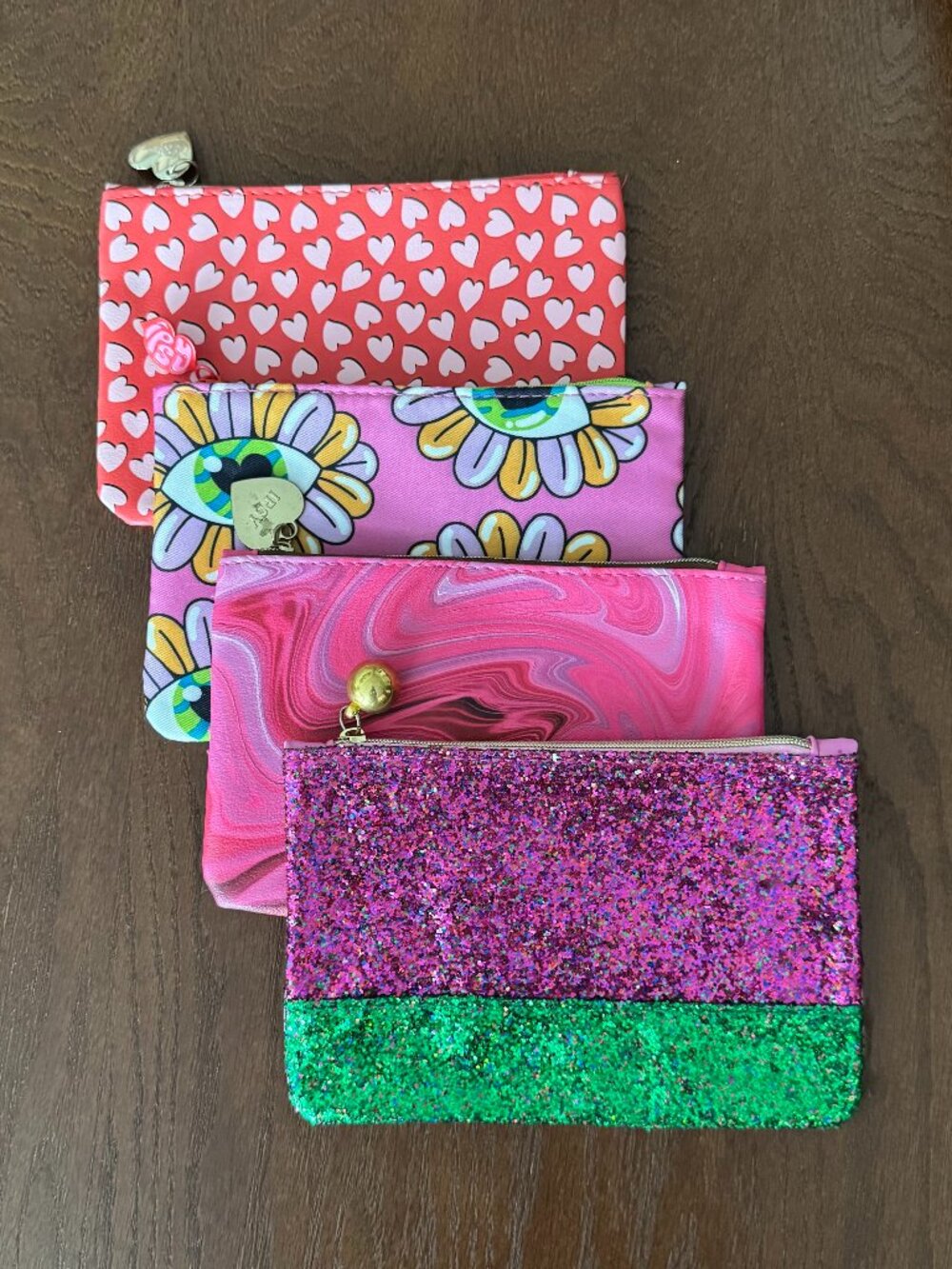 Ipsy Glam Bag Lot of 4 Pink Hearts Floral Glitter Cosmetic Pouches